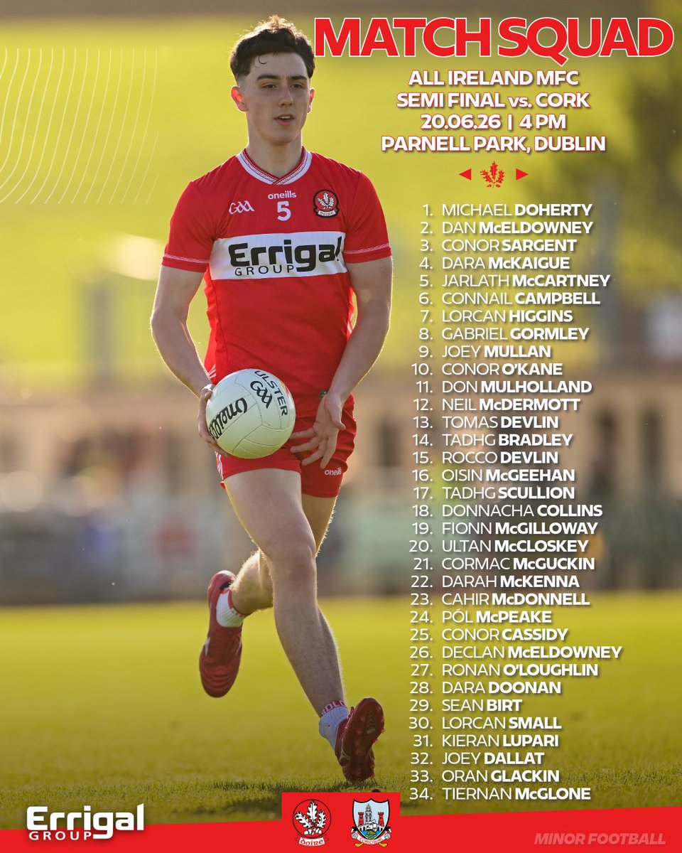 Doiregaa's tweet photo. 🗞️🔢 Here’s our squad for tomorrow’s All Ireland MFC semi-final vs. Cork. 

Let’s get out and show our support 🙏 

#DerryGAA2026 https://t.co/OxMiHE8pjZ