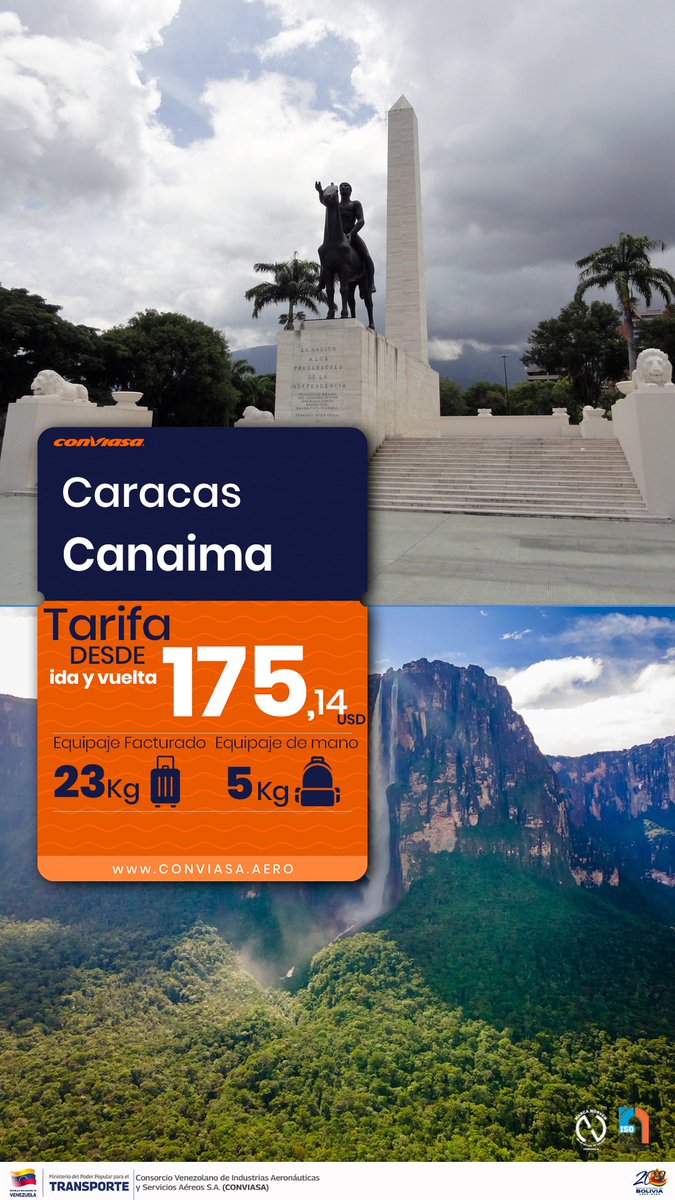 LAConviasa's tweet photo. Los Roques, Porlamar y Canaima. ¡Tu eliges el destino, nosotros te llevamos! 

Escríbenos al correo callcenter@conviasa.aero y compra tu boleto con la mejor tarifa. https://t.co/trJfGsdjXK