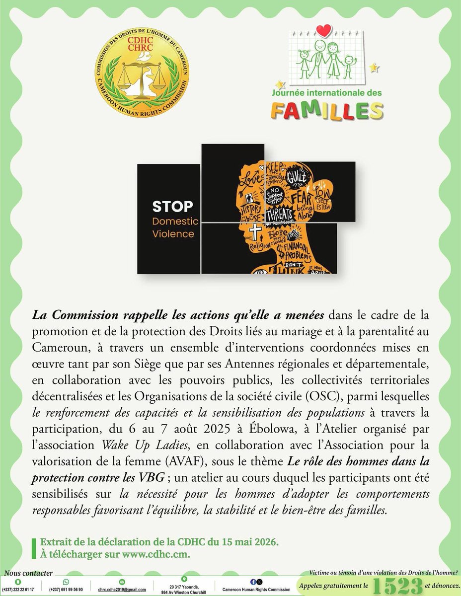 chrc_cdhc's tweet photo. Visuels de sensibilisation de la DÉCLARATION DE LA COMMISSION DES DROITS DE L’HOMME DU CAMEROUN À L’OCCASION DE LA JOURNÉE INTERNATIONALE DES FAMILLES 15 mai 2026

Thème.- Familles, inégalités et bien-être des enfants

#CHRC
#CDHC
#1523 https://t.co/16pJ6rM4Dl