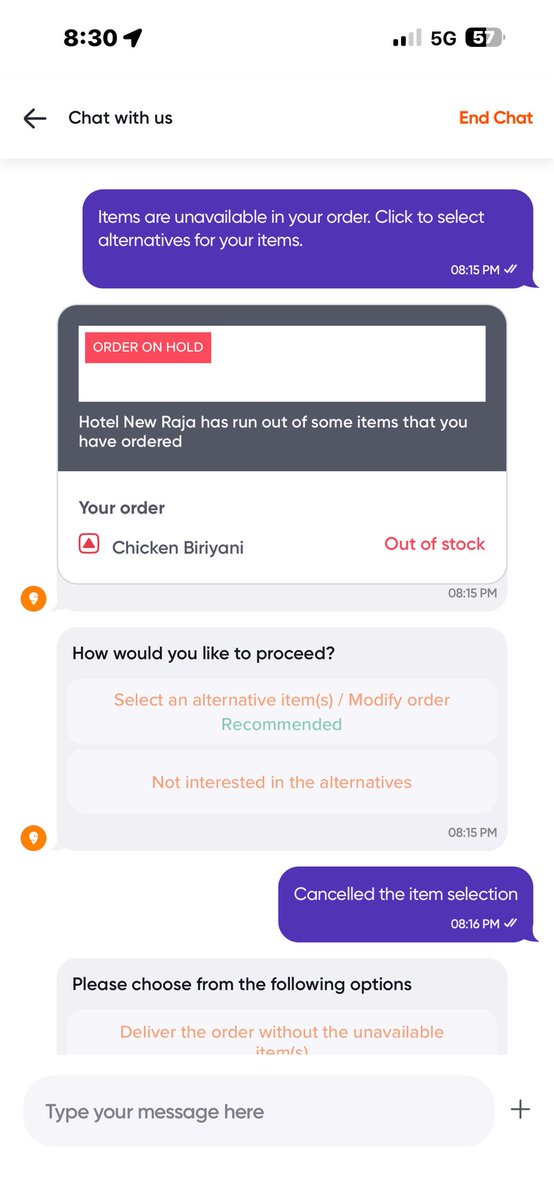 afouzail's tweet photo. @Swiggy Great service 😡😡

Ordered via Swiggy Train at 4:44 PM. After waiting 3.5+ hours, I got an Out of Stock notification at 8:15 PM, just before my train reached the junction at 9:15. As a Swiggy One customer, this is unacceptable. No food, no alternative &amp; not even a coupon https://t.co/5XtTy5FYV8
