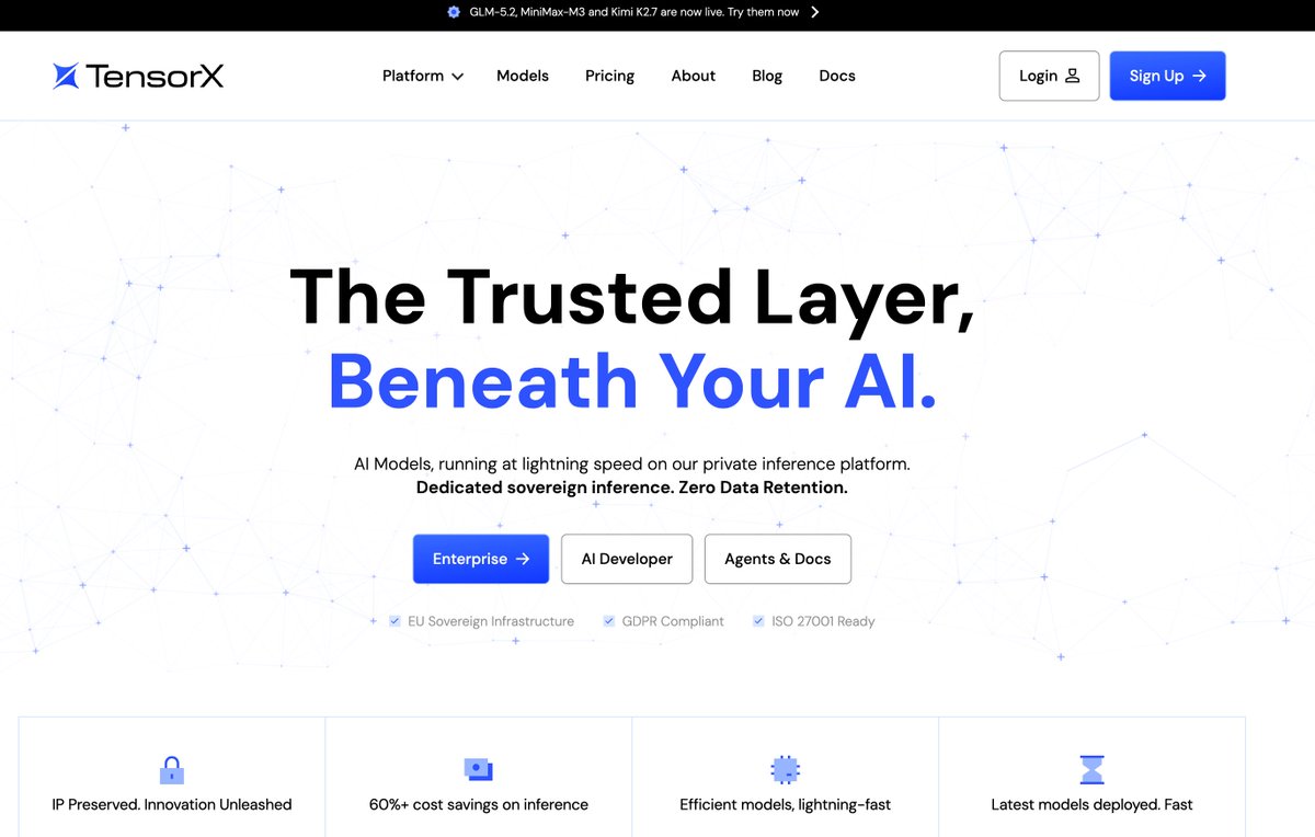tensorx_ai's tweet photo. 𝗧𝗲𝗻𝘀𝗼𝗿𝗶𝘅 𝗶𝘀 𝗻𝗼𝘄 𝗧𝗲𝗻𝘀𝗼𝗿𝗫, and the new site is live: https://t.co/u7tmO2wBpp

We've rebranded and launched a brand new website ! 

In the last week we brought three of the strongest open source models in the world onto the platform: 

𝗚𝗟𝗠-𝟱.𝟮, our exclusive @Zai_org  release. 

𝗠𝗶𝗻𝗶𝗠𝗮𝘅 𝗠𝟯, @MiniMax_AI 's latest flagship. 

𝗞𝗶𝗺𝗶 𝗞𝟮.𝟳, moonshot 's newest, built for coding.

A year ago the best models were closed source, American, and rented. This week marks a huge change in the AI landscape where open source models have finally caught up to some of the frontier models.

All three run on TensorX-owned GPU's, based in the EU, with zero data retention. Open weights, hosted in Europe, 𝘆𝗼𝘂𝗿 𝗱𝗮𝘁𝗮 𝘀𝘁𝗮𝘆𝗶𝗻𝗴 𝘆𝗼𝘂𝗿𝘀.

The model you pick matters. Where it runs, and who can take it away, matters even more.

This is exactly what TensorX is for.