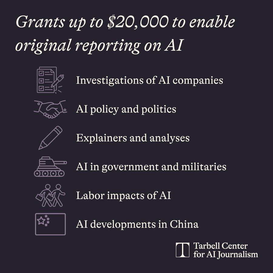 gijnAfrica's tweet photo. The @tarbellcenter is offering grants up to $20,000 to support original reporting in established outlets on artificial intelligence (AI) and its impacts — open to both freelancers and staff journalists.

🗓️ Deadline: July 12.

🔗 Learn more: https://t.co/TMgNzCu0ed https://t.co/i9dCn4nycI