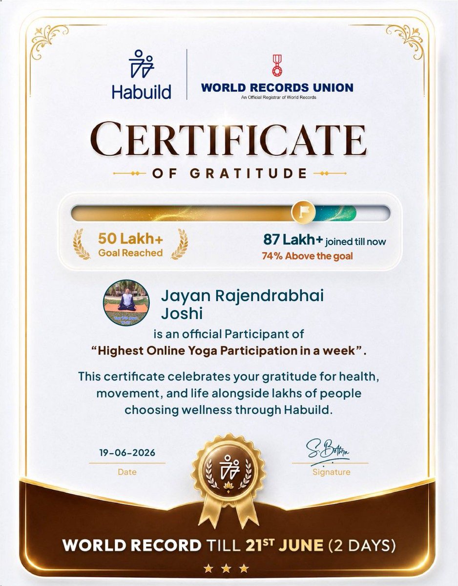 YTJayanJoshi's tweet photo. 6th Certificate Today 

Happy to receive my *Certificate of Gratitude*!🏅

_Join Yoga World Record Week and celebrate *International Yoga Day* (21st June)🧘 with us._

Click below 👇🏻
https://t.co/lRWYHtSTfO https://t.co/IMCA7j91u3