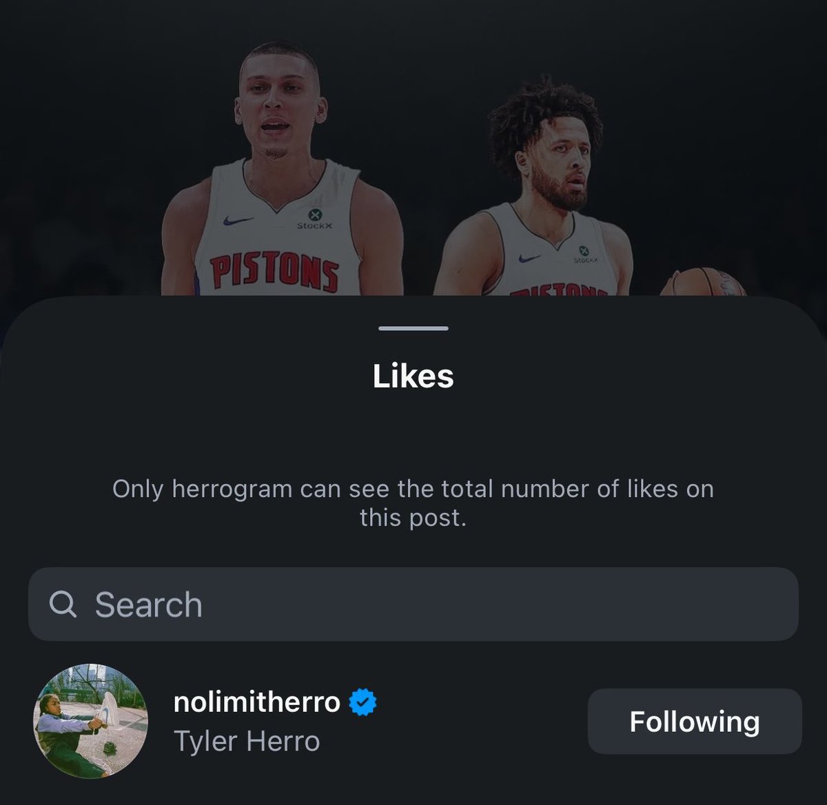 nsitto2's tweet photo. Tyler Herro liked a post on Instagram of him photoshopped in a Detroit Pistons jersey next to Cade Cunningham.

This photo was posted 3 hours ago. 👀 https://t.co/FaxTOXxMzu