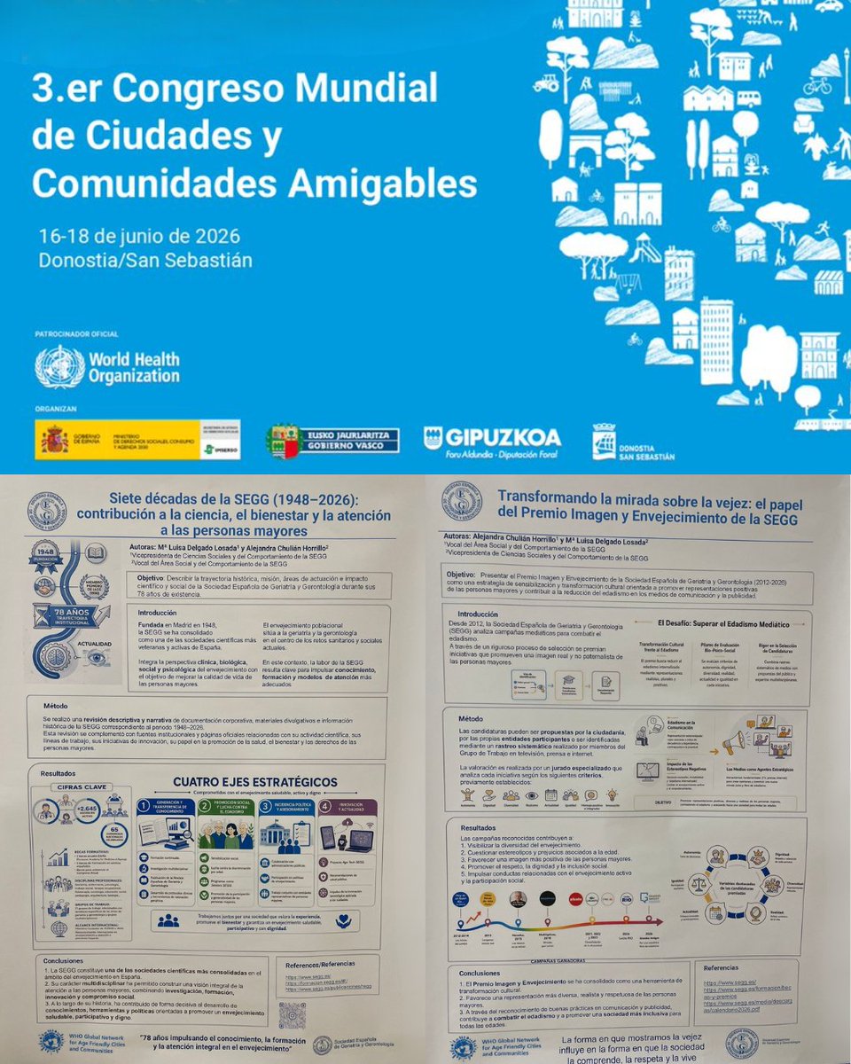 seggeriatria's tweet photo. 🌍 La #SEGG ha estado presente en el III Congreso Mundial de Ciudades y Comunidades Amigables con las Personas Mayores.

Dª María Luisa Delgado, vicepresidenta de Gerontología, presentó dos pósteres sobre la trayectoria de la SEGG y la imagen del envejecimiento positivo. https://t.co/bYoWLlatrl