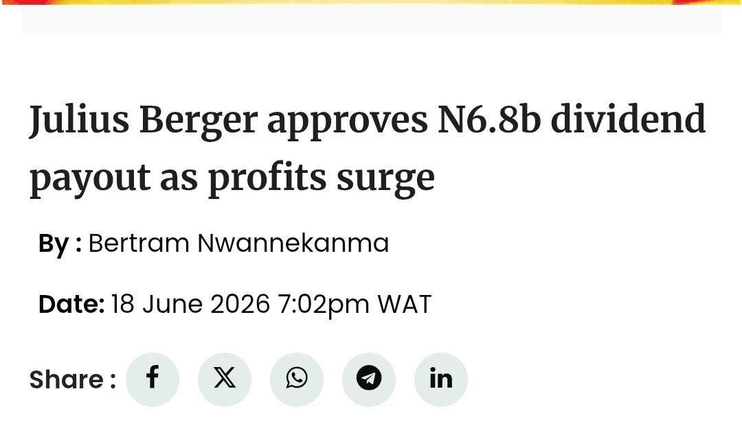fimiletoks's tweet photo. Julius Berger. 

34% growth in revenue, driven by increased ACTIVITY across key business segments. 

38.5 % growth in Profit Before Tax. This is how an economy rebounds. JB has enough profit to pay dividends and reinvest in its business and subsequently the economy. 

The Velocity of Capital: The N6.8 billion approved dividend redistributes wealth and injects liquidity immediately back into the financial system. 

The Subcontractor Supply Chain: 34% jump in revenue means millions poured into local subcontractors, steel vendors, logistics firms, and equipment providers. 

Employment and Wage Stabilization: One of the company's strongest performances in recent years guarantees job stability for thousands of specialized workers, engineers, and laborers. It will hire more, increase wages, and train more workers

This is how economies grow and expand. Trust in PBAT.