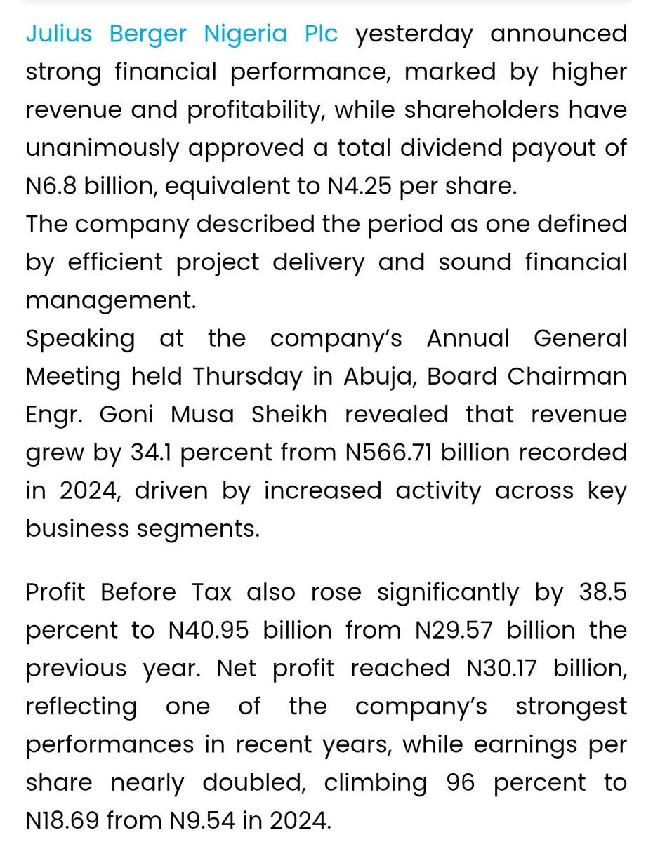 fimiletoks's tweet photo. Julius Berger. 

34% growth in revenue, driven by increased ACTIVITY across key business segments. 

38.5 % growth in Profit Before Tax. This is how an economy rebounds. JB has enough profit to pay dividends and reinvest in its business and subsequently the economy. 

The Velocity of Capital: The N6.8 billion approved dividend redistributes wealth and injects liquidity immediately back into the financial system. 

The Subcontractor Supply Chain: 34% jump in revenue means millions poured into local subcontractors, steel vendors, logistics firms, and equipment providers. 

Employment and Wage Stabilization: One of the company's strongest performances in recent years guarantees job stability for thousands of specialized workers, engineers, and laborers. It will hire more, increase wages, and train more workers

This is how economies grow and expand. Trust in PBAT.