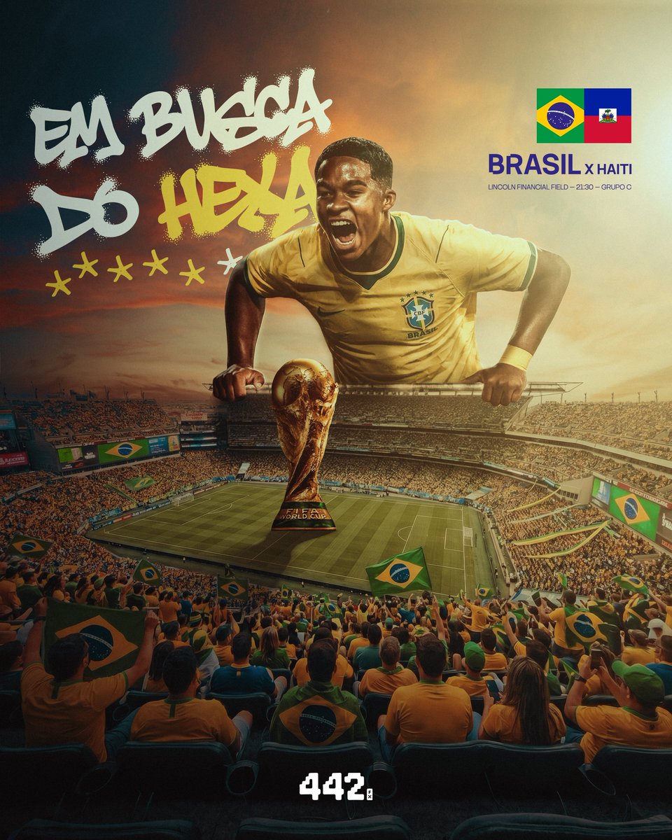 442FX's tweet photo. EM BUSCA DO HEXA. 🇧🇷🏆

⚽ BRASIL x HAITI 
HOJE · 21H30 (BSB) 
🏟️ LINCOLN FINANCIAL FIELD · GRUPO C

Segundo round da fase de grupos. A seleção entra pra somar e encaminhar a vaga. 🔥

Compartilha o post e chama a torcida. 💛💚

#Copa2026 #Brasil https://t.co/N1FIQbvNHT