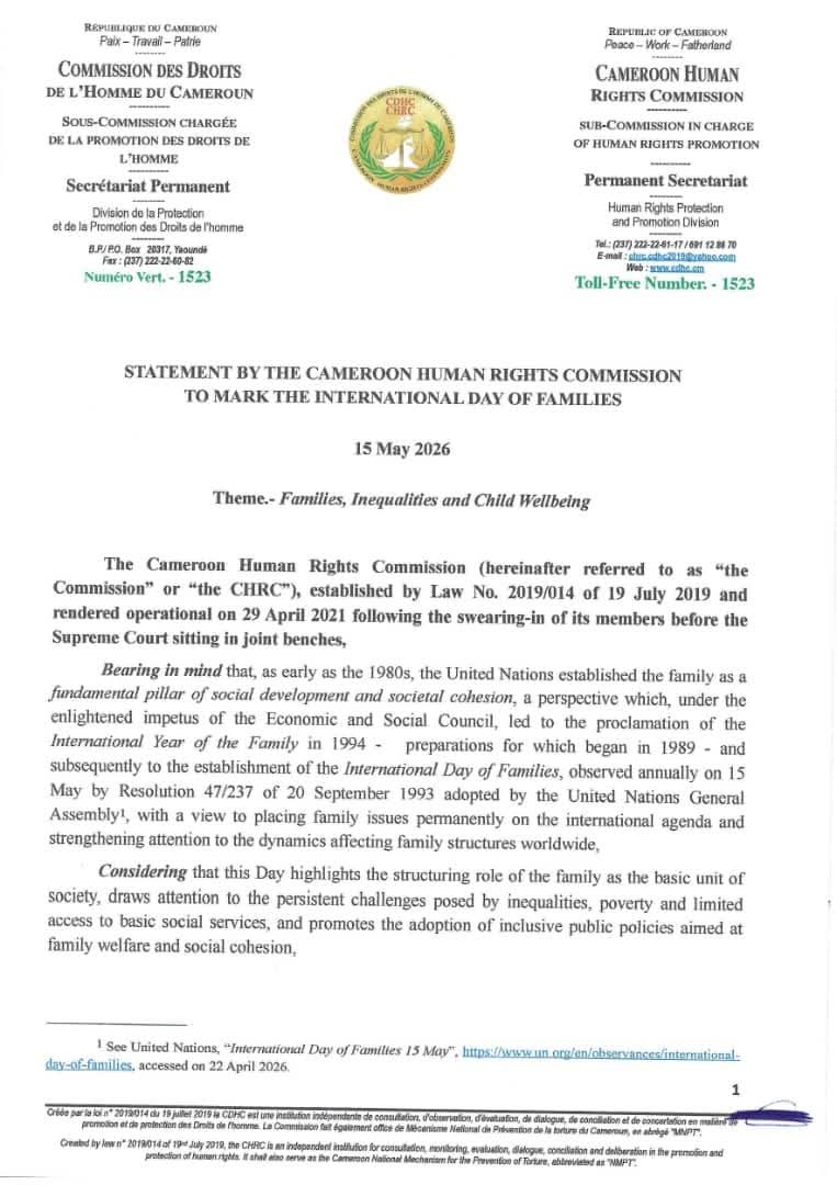 chrc_cdhc's tweet photo. STATEMENT BY THE CAMEROON HUMAN RIGHTS COMMISSION TO MARK THE INTERNATIONAL DAY OF FAMILIES
           15 May 2026

Theme.- Families, Inequalities and Child Wellbeing      
Read...https://t.co/LP0sVaJj83
   
#CHRC
#CDHC
#1523 https://t.co/8wREcn69tQ