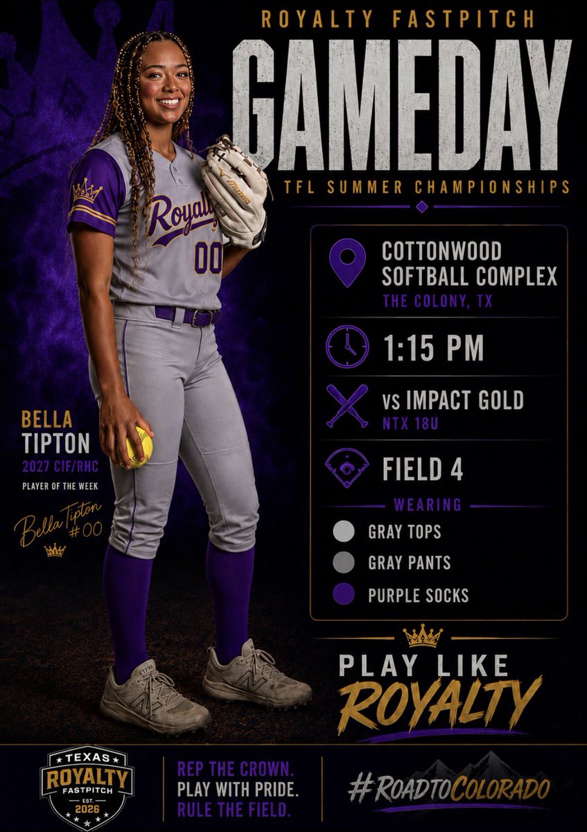 RyltyFP's tweet photo. 🚨 GAME TIME UPDATE 🚨

Due to weather, our opening game at the TFL @TFLfastpitch Summer Championships has been pushed back.

🕐 NEW GAME TIME: 1:15 PM
📍 Cottonwood Softball Complex
🥎 vs. Impact Gold NTX 18U
🏟️ Field 4

We’ll be ready when it’s time to compete.

👑 Play Like Royalty.

#RoyaltyFastpitch #RoadToColorado #TFLSummerChampionships #PlayLikeRoyalty