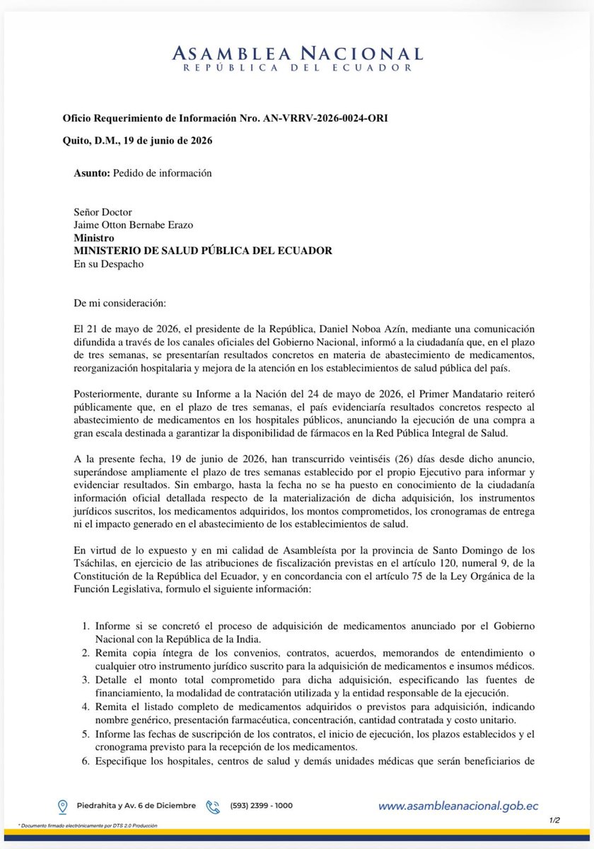 VivianaVelozEc's tweet photo. ¡Otro engaño más!

El 24 de mayo, Daniel Noboa prometió que en tres semanas habría resultados concretos en el abastecimiento de medicamentos.

Han pasado 26 días y el país sigue sin conocer contratos, montos, medicamentos adquiridos ni cronogramas de entrega. Los hospitales siguen desabastecidos. 

Los ecuatorianos merecen respuestas, no solo anuncios.

He solicitado al Ministerio de Salud Pública toda la información sobre la supuesta y anunciada compra de medicamentos con la India. 

La salud no puede manejarse con promesas, sino con transparencia y resultados.