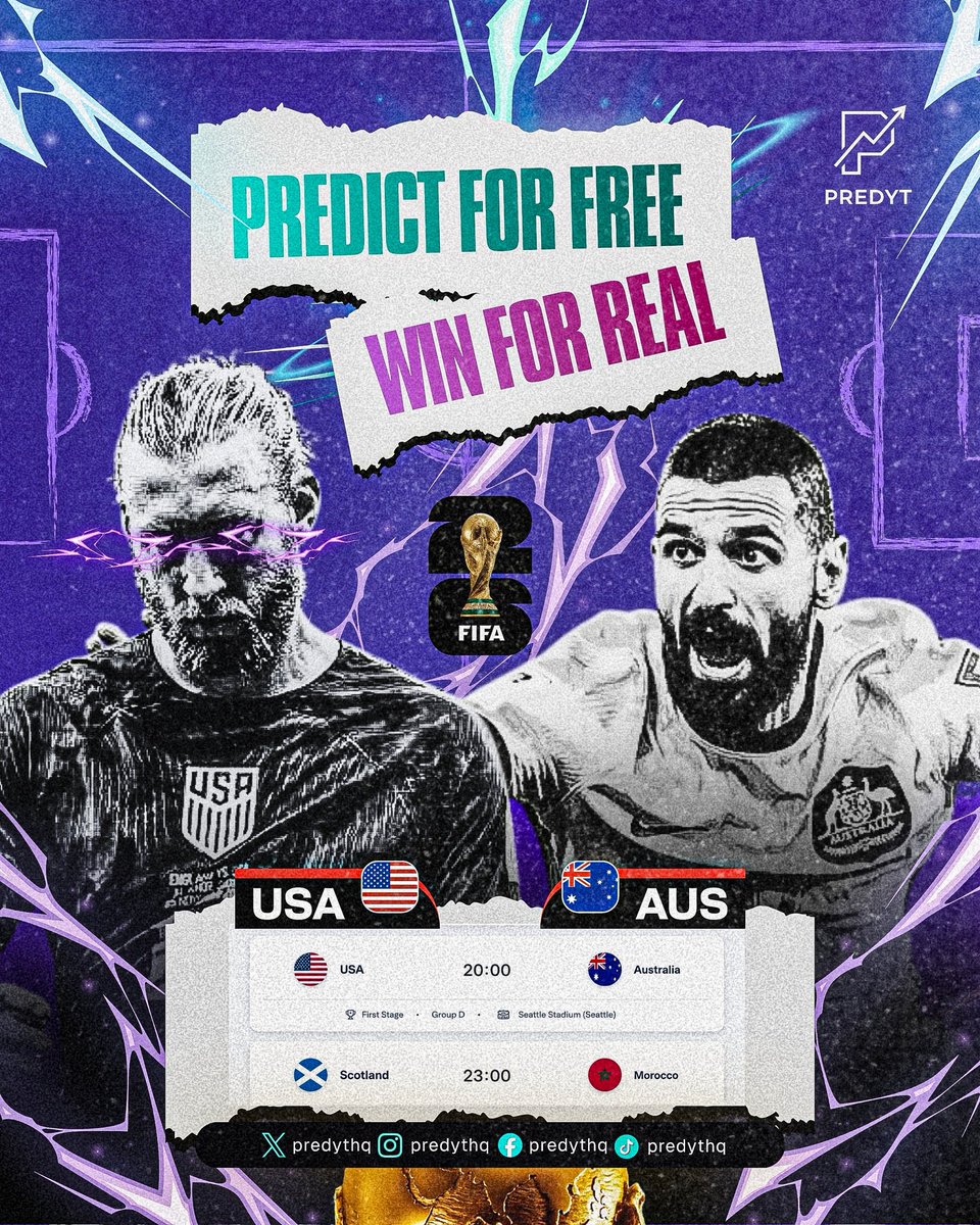 PredytGame's tweet photo. USA ๐บ๐ธ vs Australia ๐ฆ๐บ
Scotland ๐ด vs Morocco ๐ฒ๐ฆ
The fixtures are set.
The predictions are waiting. โก๏ธ
Some people will watch the games.
Others will call the results before they happen.
Which one are you?
Make your call now on https://t.co/6xs3pGab5R ๐ฏ
#Predyt #MakeYourCall https://t.co/c58VNng3bs