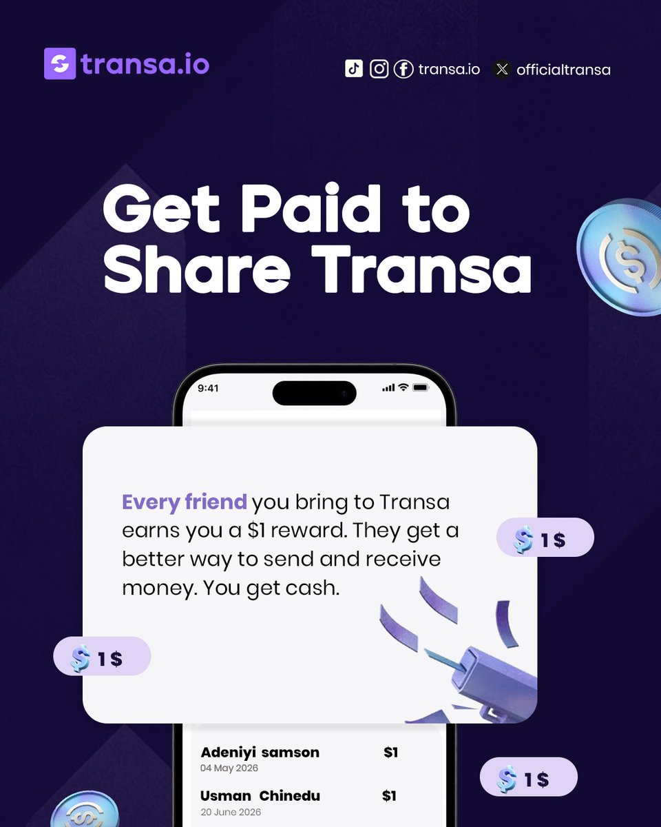 officialtransa's tweet photo. Helping your friends get rid of cross-border payment stress is great. Getting paid in dollars to do it? Even better

Open the app, grab your code, and start sharing Transa today!

⁠#ReferAndEarn #TransaApp https://t.co/G9x6PXASyx