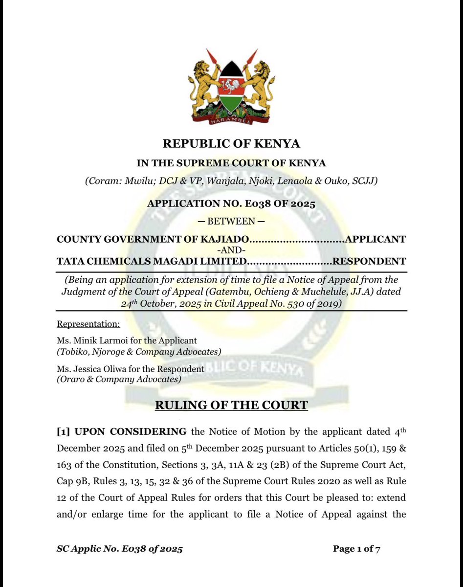 Lexken_EMSLaw's tweet photo. Miss a court deadline and you might assume the case is over. Not necessarily.

In the Supreme Court ruling of County Government of Kajiado v Tata Chemicals Magadi Limited Application No. E038 of 2025, the court allowed Kajiado County to proceed with an appeal it had filed three days late. 

Why the leniency? Because the County, like all public bodies, can't simply act on its own. The law requires several offices to agree before it goes to court. The Court accepted that this genuine legal requirement explained the short delay.

The Court was clear: a document filed out of time without leave or permission is irregular and of no effect, a legal nullity. So even though the County won its extension, its earlier filing counted for nothing, and it was ordered to start again and file afresh.