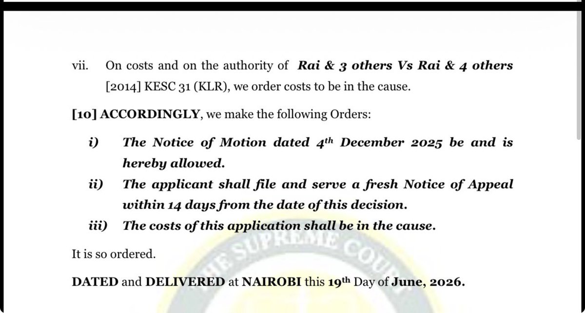 Lexken_EMSLaw's tweet photo. Miss a court deadline and you might assume the case is over. Not necessarily.

In the Supreme Court ruling of County Government of Kajiado v Tata Chemicals Magadi Limited Application No. E038 of 2025, the court allowed Kajiado County to proceed with an appeal it had filed three days late. 

Why the leniency? Because the County, like all public bodies, can't simply act on its own. The law requires several offices to agree before it goes to court. The Court accepted that this genuine legal requirement explained the short delay.

The Court was clear: a document filed out of time without leave or permission is irregular and of no effect, a legal nullity. So even though the County won its extension, its earlier filing counted for nothing, and it was ordered to start again and file afresh.