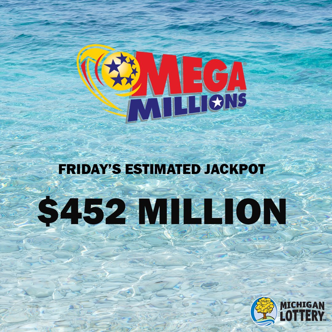 MILottery's tweet photo. Dive into tonight's $452 MILLION Mega Millions jackpot!🌊💰 

Stop by your favorite retailer or visit https://t.co/jj9kfYYEtc to get your tickets! https://t.co/miJJJfPGRU
