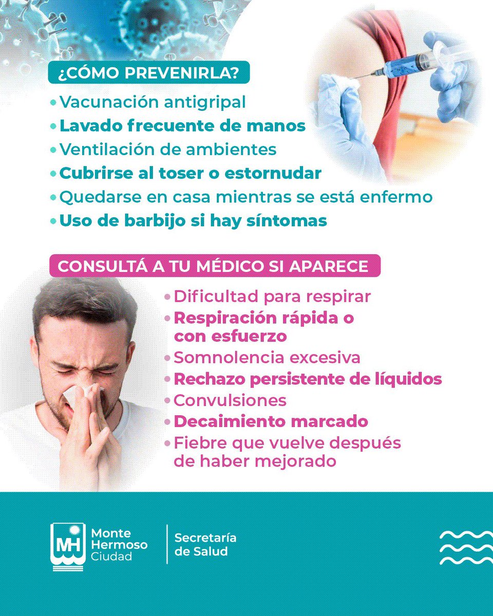 monte_hermoso's tweet photo. #MejorPrevenir 🏥 La Secretaría de Salud de #MonteHermoso informa que ante el aumento de casos de enfermedades respiratorias estacionales, es importante reforzar las medidas de prevención para cuidar nuestra salud y la de quienes nos rodean. https://t.co/OkQ1ZbEsUc