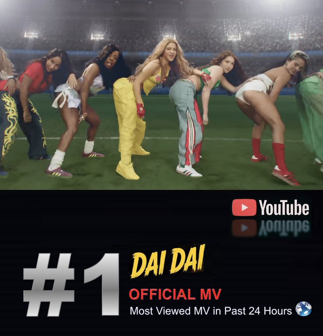 WORLDMUSICAWARD's tweet photo. #Shakira &amp; #BurnaBoy's World Cup Anthem #DaiDai is the #1 most watched video of the past 24 hours on YouTube Worldwide!💪💃🕺🏽🌎⚽️🏆📽️💥1⃣👁️🌎🕛👑👑❤️‍🔥 

WATCH: https://t.co/zoJeYRvr4A

https://t.co/R9UU6Mszzs https://t.co/RQH25HrM4f