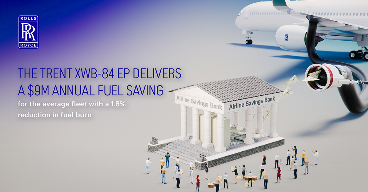 RollsRoyce's tweet photo. Every flight is an opportunity to unlock more profit. The Trent XWB-84 Enhanced Performance engine delivers even lower fuel burn, with a $9m annual fuel saving for the average fleet, reduced operating costs and a quieter flying experience, without compromise: https://t.co/KCfTNCfOKu