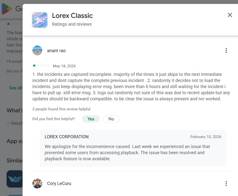 LorexTest33244's tweet photo. Avoid Lorex due to comment of Google-Play👎👎 {S A April 18, 2026 I have had Lorex for a few years now. The app used to work fine. Several months ago the app began not allowing me to view live feeds and alert ... to retry." Terrible.}🤦‍(Conclusion=>Sucks Lorex Chinese)577.1.29 https://t.co/PTcZmJ41FU