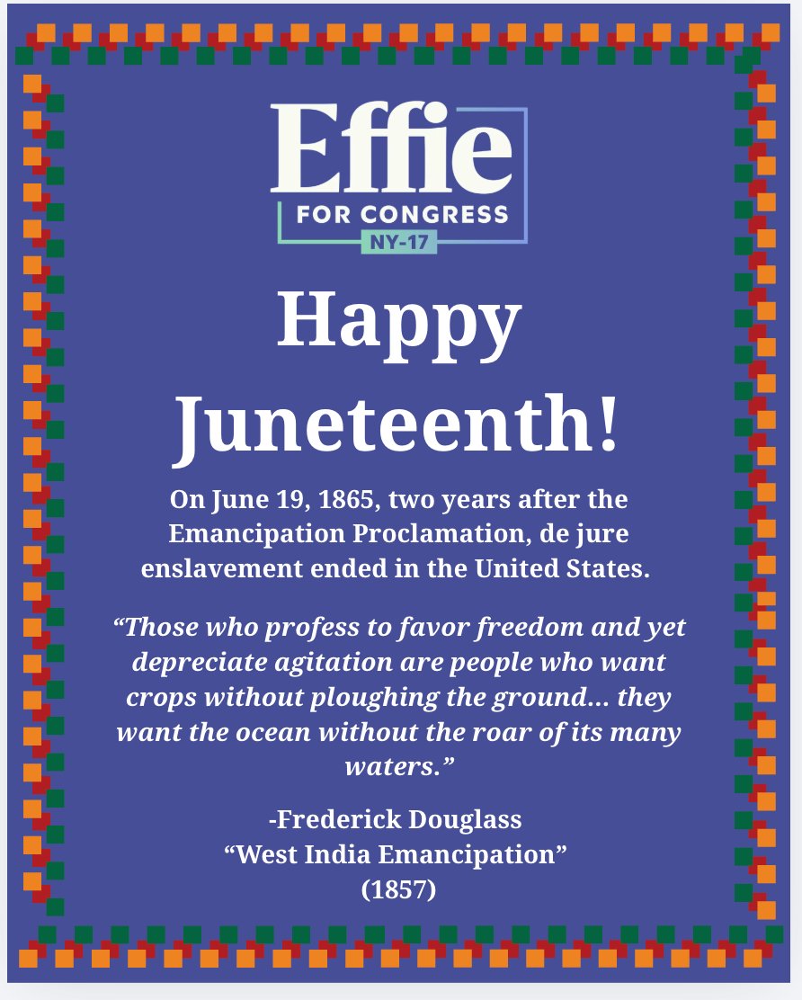 effie4congress's tweet photo. A fight for freedom that continues today as voting rights are under assault by SCOTUS and Republicans like Lawler. We will fight in Congress to protect our democracy. #HappyJuneteenth https://t.co/6BStUnVmNO