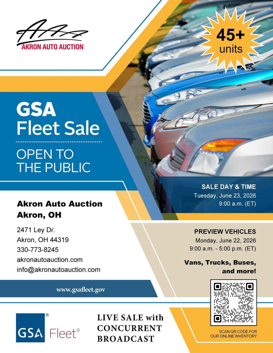 AkronAutoAuctio's tweet photo. 🇺🇸 Join us for our next GSA fleet sale on Tuesday, June 23rd. Featuring 🚗45+ GSA vehicles running in Lane 1 at 9:00 am EST. OPEN TO PUBLIC. Preview GSA vehicles on Tuesday, 6/22 9am - 5pm.

View GSA inventory at: https://t.co/z0K1oIuVgF https://t.co/z701jSXCpc