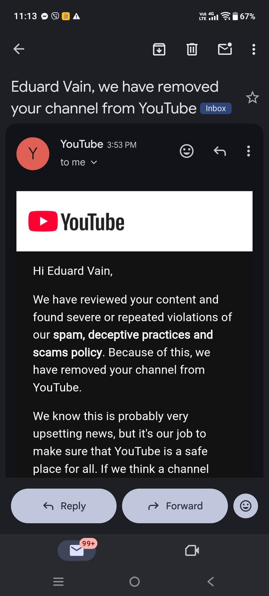 EduardVain2's tweet photo. @YouTube @TeamYouTube My youtube channel got TERMINATED. It had 18k subs and monetized. Its my main job then all the sudden you removed it with no warning. I appealed but it was rejected. Pls fix this i need my channel back! https://t.co/1icwEMcumj
