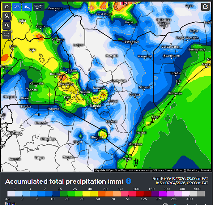 MaithyaVilivu's tweet photo. Medium range forecast charts by GFS, Euro & US-AI models show significant cumulative rains falling across the Rift Valley, Central #Kenya & parts of Nyanza by July 5th. Modest showers fall along the coastal strip within  the forecast period.
Per GFS model, Nyandarua County is set to receive the bulk of these rains with some places expected to record >150mm