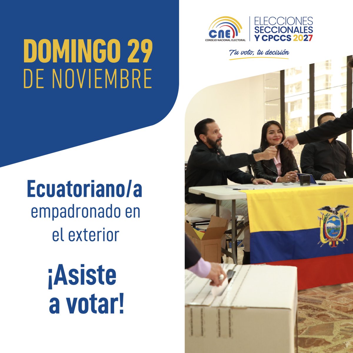 EmbajadaEcuPan's tweet photo. 🇪🇨🗓️ ¡Agenda la fecha!

➡️ El domingo 29 de noviembre las y los ecuatorianos empadronados en el exterior 🌐elegirán a las 7⃣autoridades del Consejo de Participación Ciudadana y Control Social.

➡️ Podrás votar con tu cédula, pasaporte o ID Consular, vigentes o caducados. https://t.co/fagcDSeu6j
