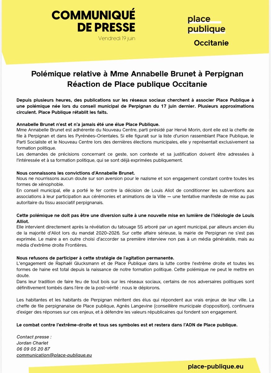 Agneslangevine's tweet photo. [Perpignan - Polémique relative à Mme Annabelle Brunet à Perpignan] 
Réaction de Place Publique Occitanie https://t.co/dUqoXYg49w