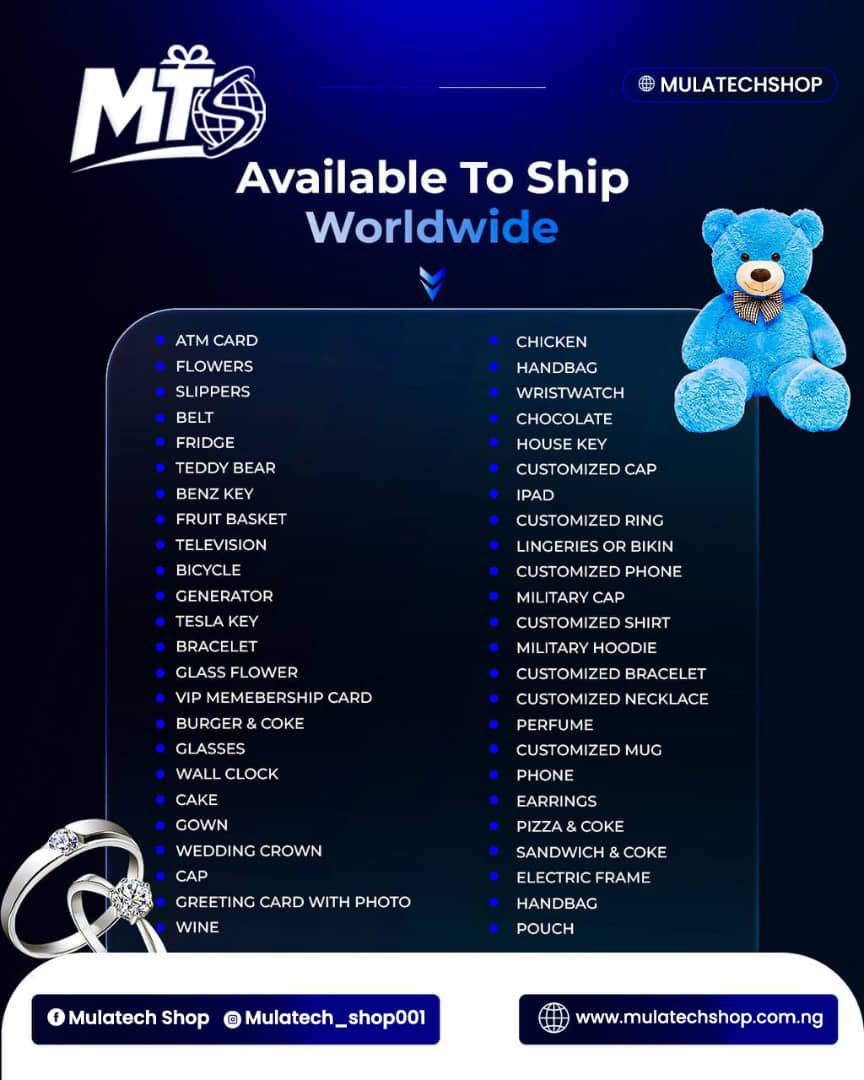 jaydikay1's tweet photo. 🎁 Send gifts and put smiles on the faces of your loved ones with Mulatech Shop!
Fast, reliable, and affordable gift delivery from Nigeria to foreign countries.
📩 Order today and let us deliver your love.
#MulatechShop #GiftDelivery #SendLove
https://t.co/39cVosAXFN https://t.co/F25giio49D