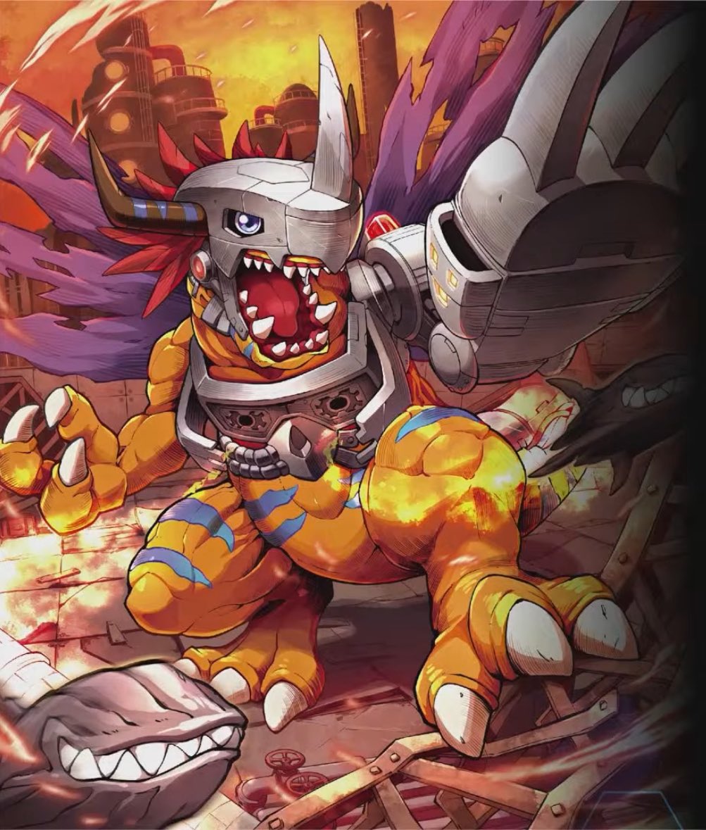 jeyshan26's tweet photo. very fond of this MetalGreymon art. It looks like he’s waving at you while launching his chest nukes https://t.co/0umxR0R8Xi
