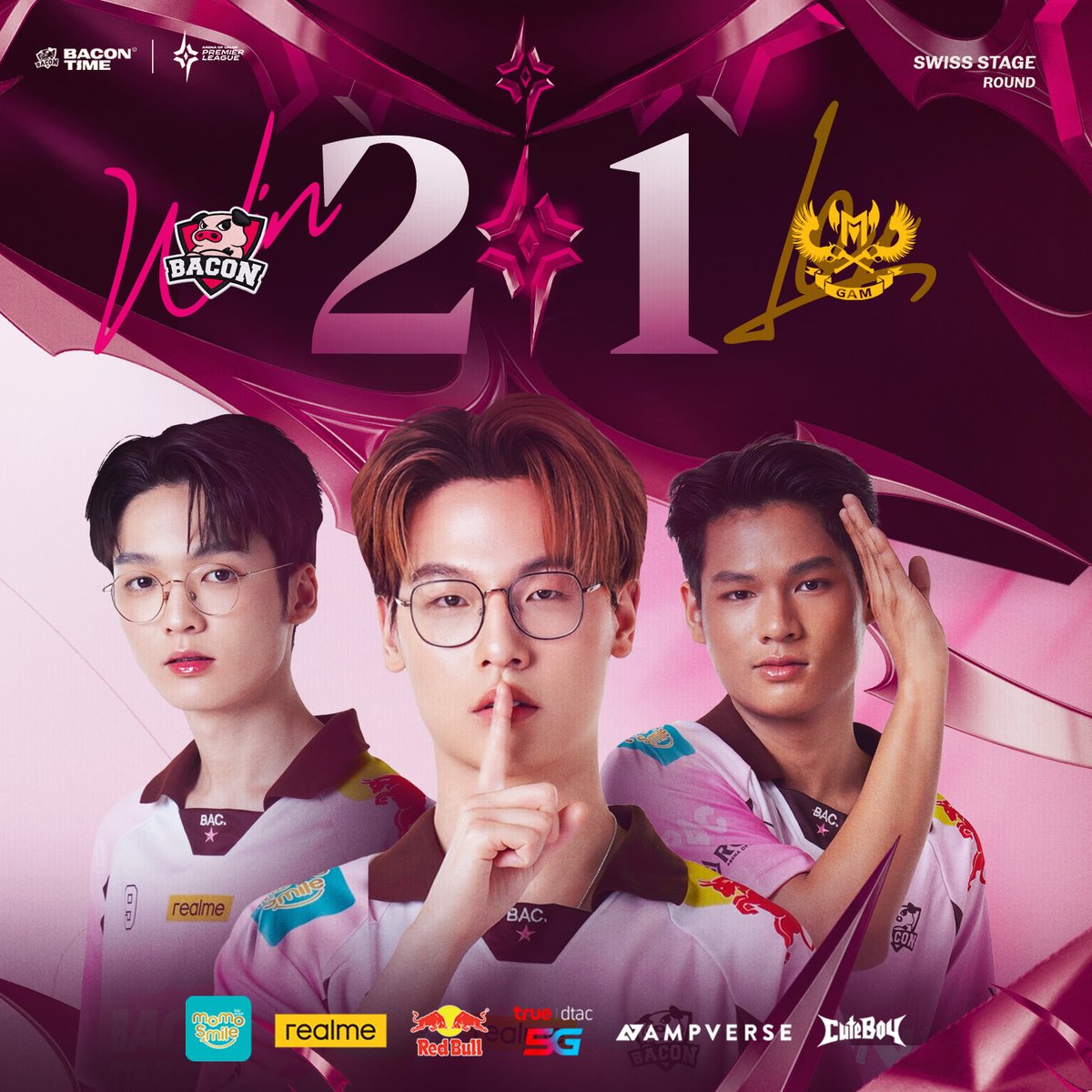 bacontimes's tweet photo. #APL2026 : รางวัลคนนอนดึก!! BAC คัมแบ็ค! แซงชนะ 🔥
.
𝐒𝐰𝐢𝐬𝐬 𝐒𝐭𝐚𝐠𝐞 รอบแรก (0-0) พวกเรา 𝐵𝑎𝑐𝑜𝑛 𝑇𝑖𝑚𝑒 🐷 แซงเอาชนะ 𝐺𝐴𝑀 𝐸𝑠𝑝𝑜𝑟𝑡𝑠 🇻🇳 ไปด้วยสกอร์ 2-1 เกม
.
พรุ่งนี้ลงสนามรอบต่อไป (1-0) ทันที รอลุ้นผลจับสลากกันต่อ ✌🏻
.
#ทีมBaconTime #Ampverse
#BACdiwa https://t.co/2015gRZc9B