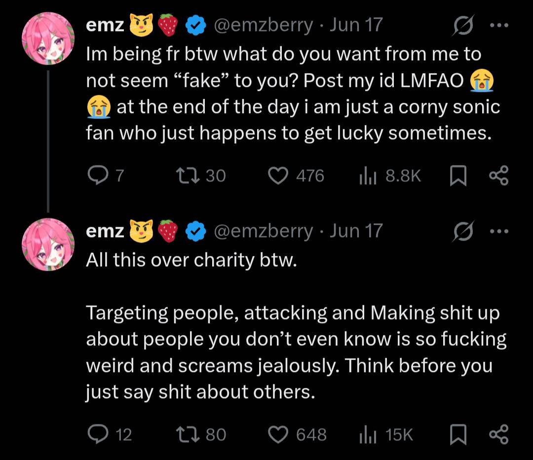 MiiaTzu's tweet photo. As you know, I was removed from the SEGA creator program due to "safety". After what's happened, I've been thinking... "do I just say nothing?" "do I let them silence me?" "do I 'pretend' I'm just fine?" SEGA is allowing this - mainly because of the numbers. No matter the numbers, this is wrong! The irony with these posts is just ridiculous. I am speaking about this since I've been sitting back and watching all this unfold. Where it all began was a post from a minor on this site and MY post (YouTube short) was spread and caused people to start fuming on me. They never knew me to begin with but because of this sole video, everything is different. I never spoke about this whole thing for no reason - I spoke about it because of what I was feeling in the Sonic community. People were telling me how to behave, and I have no say so. I felt uncomfortable. So I had to eventually say something. Should I continue supporting something like this? If I do, I at least have to speak the truth. I can't just allow this to happen.