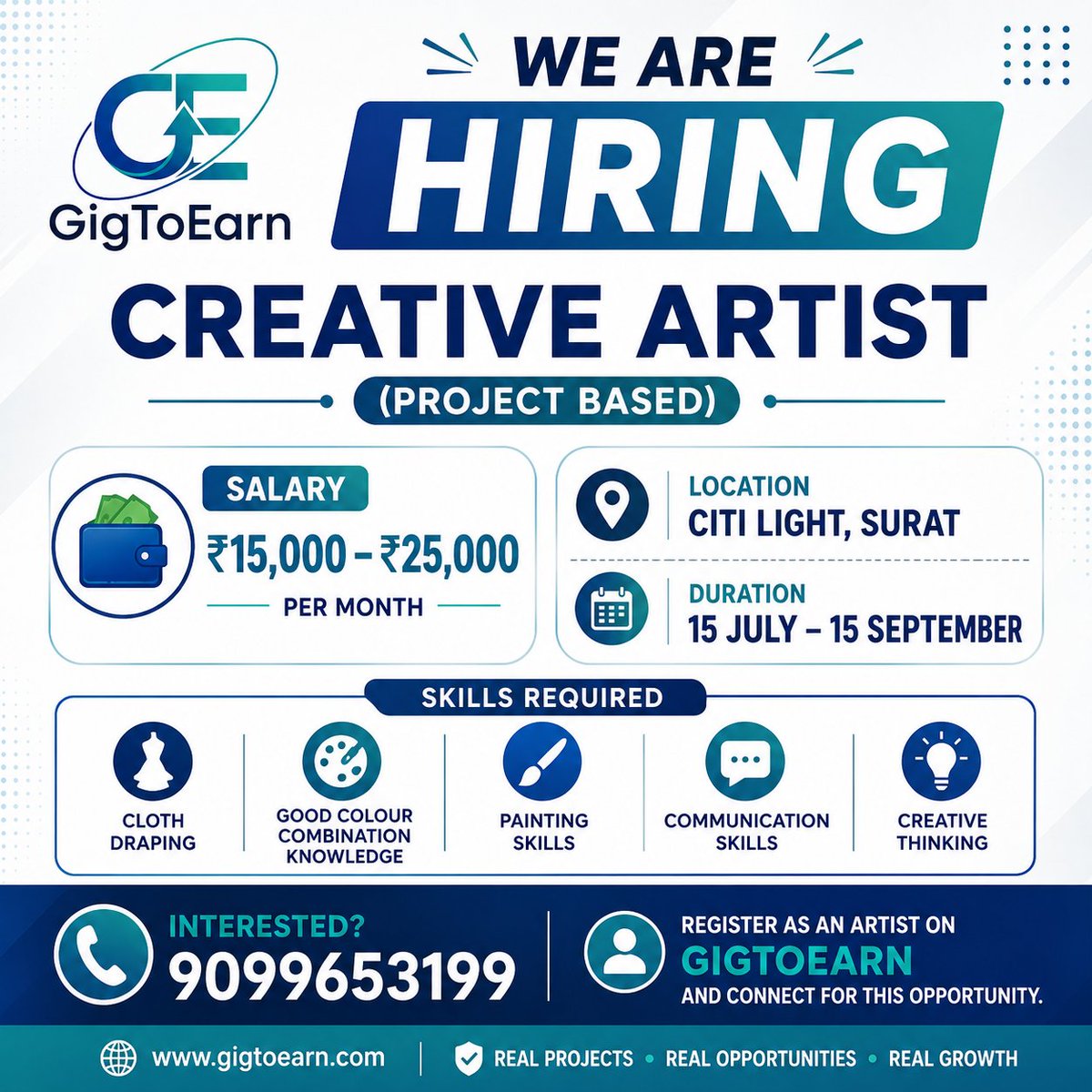 GigToEarn's tweet photo. 🎨 Hiring Creative Artist

📍 Citi Light, Surat
📅 15 Jul – 15 Sep
💰 ₹15,000–₹25,000/month

Skills:
✅ Cloth Draping
✅ Colour Combination
✅ Painting
✅ Communication
✅ Creative Thinking

📞 9099653199

#GigToEarn #Hiring #Hiring #ArtistJobs #Surat #CreativeArtist #JobsIndia https://t.co/u7bezcyI0C