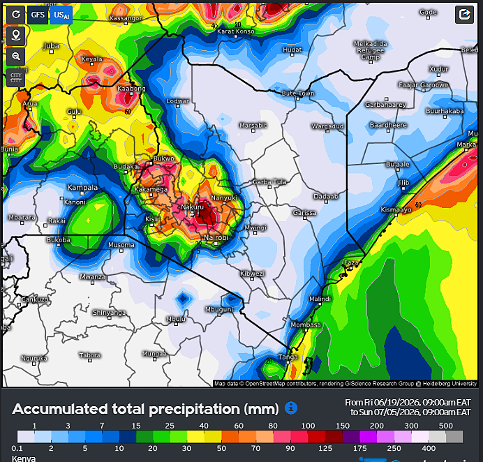 MaithyaVilivu's tweet photo. Medium range forecast charts by GFS, Euro & US-AI models show significant cumulative rains falling across the Rift Valley, Central #Kenya & parts of Nyanza by July 5th. Modest showers fall along the coastal strip within  the forecast period.
Per GFS model, Nyandarua County is set to receive the bulk of these rains with some places expected to record >150mm