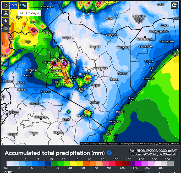 MaithyaVilivu's tweet photo. Medium range forecast charts by GFS, Euro & US-AI models show significant cumulative rains falling across the Rift Valley, Central #Kenya & parts of Nyanza by July 5th. Modest showers fall along the coastal strip within  the forecast period.
Per GFS model, Nyandarua County is set to receive the bulk of these rains with some places expected to record >150mm