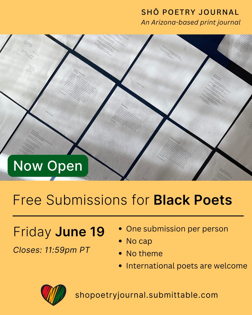 sho_journal's tweet photo. Submissions are free for Black poets today—Happy Juneteenth! This opportunity is uncapped and will close at 11:59pm PT. https://t.co/jqREapYzoG