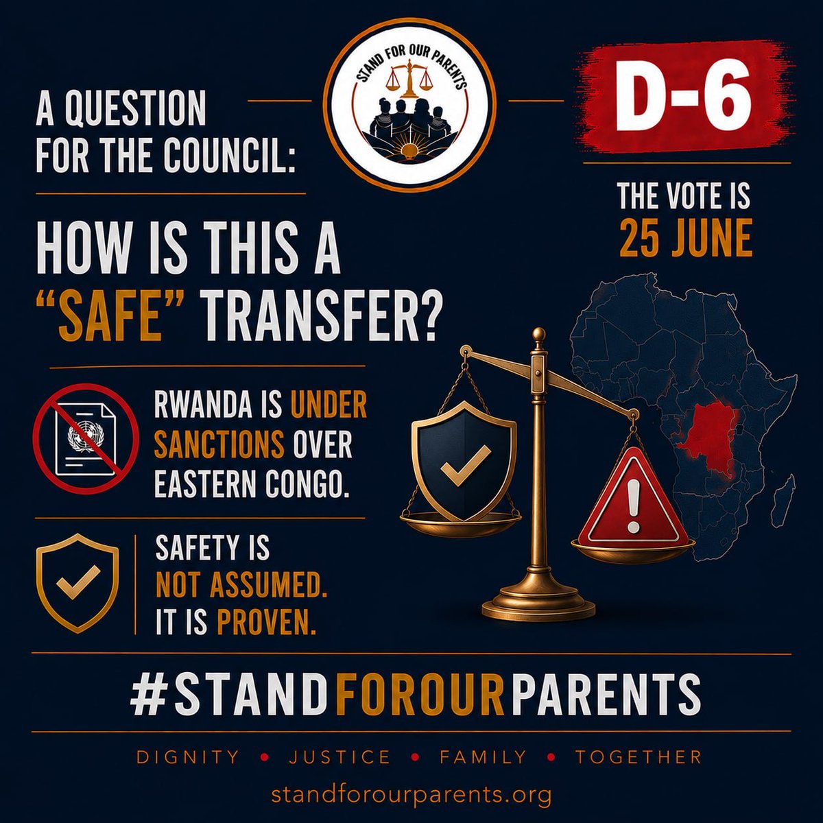Stand4Parents's tweet photo. A question the Security Council must answer: how do you transfer people “safely” into Rwandan custody while Rwanda is under sanction over eastern Congo? Safety is not assumed. It is proven — or refused. 
#StandForOurParents
@burke_jason
@declanwalsh 
@mattmbigg 
@michelawrong 
@evelyngroenink 
@Youssr_Youssef 
@GhizlaneKounda 
@rprtrn
@SophiaBaumann_
@BramEndedijk 
@JohanRipas 
@LewisMudge