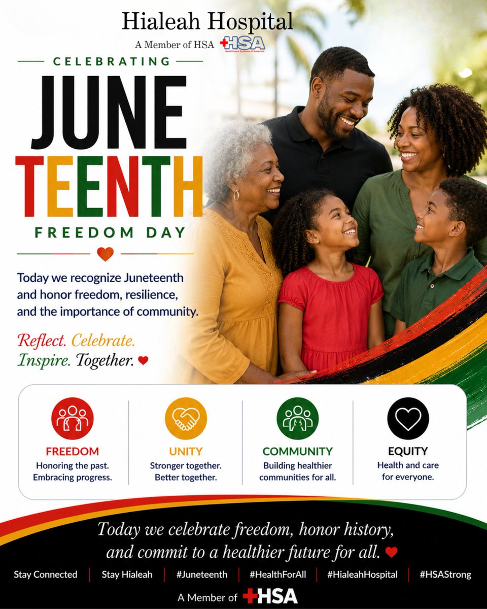 hialeahhospital's tweet photo. We celebrate diversity, inclusion, and the strength that comes from understanding and unity.

#Juneteenth #HealthForAll #HialeahHospital #HSAStrong https://t.co/LEaAhgbu7T