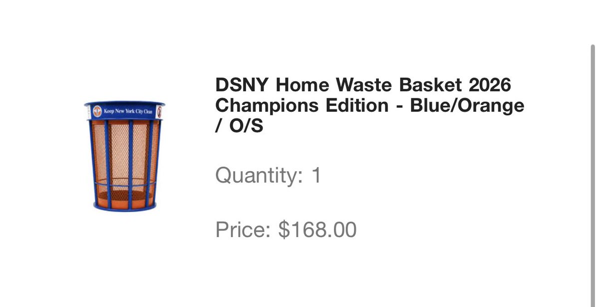 KnicksMemes's tweet photo. I knew the Knicks ever winning a championship would hurt my wallet but I just spent over $150 on a "Championship Edition Trash Can" somebody please help me https://t.co/urisa8z07S