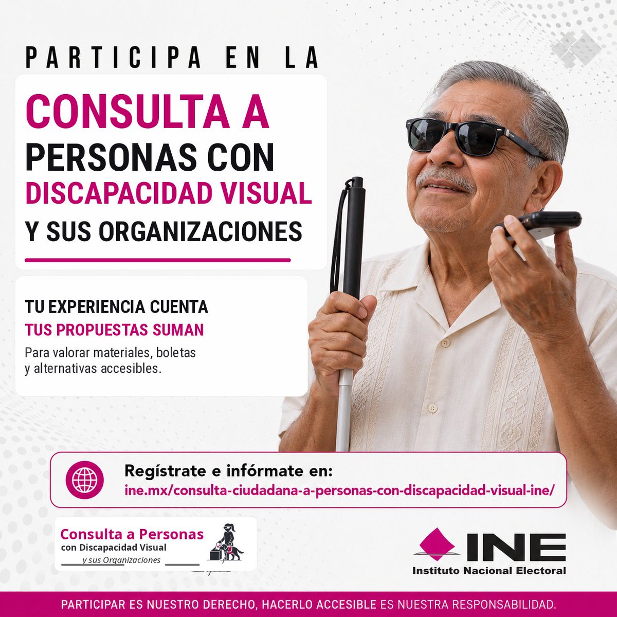03JDECOAH's tweet photo. 👩‍🦯🗳️ Tu experiencia puede ayudar a construir procesos electorales más accesibles. El INE invita a participar en la Consulta a Personas con Discapacidad Visual y sus Organizaciones.

🔗 Regístrate e infórmate en:
https://t.co/hKRxndsB7U https://t.co/AXuYgcMUd8