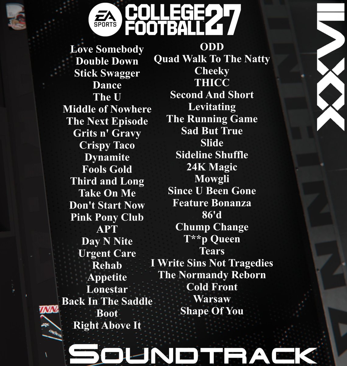 MUTLeaksXXVII's tweet photo. College Football 27 Soundtrack 🎶 https://t.co/txXAPoskYc