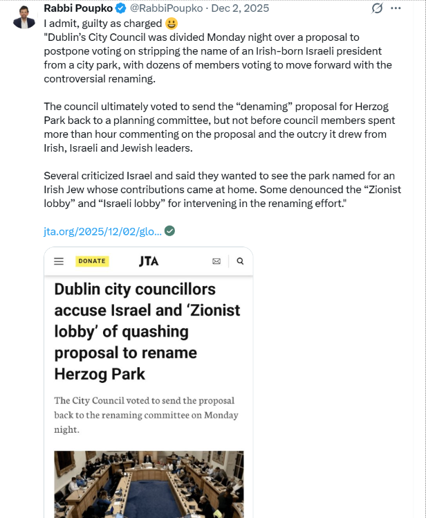 Libertymama888's tweet photo. @RabbiPoupko Thousands of Jews escaping pogroms in Russia were settled in Ireland years before. They didn't open their borders enough? Ungrateful. Ireland should  have changed the name of that terrorist Chaim Herzog park and not complied with the demand. Israelis talk about Irish like trash https://t.co/b1URlfI9iG