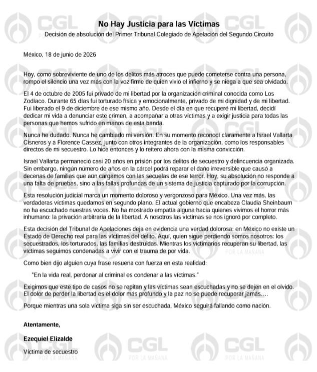 MLopezSanMartin's tweet photo. 🔴 Las víctimas vuelven a quedarse sin justicia

Israel Vallarta fue absuelto por un tribunal colegiado

Ezequiel Elizalde, una de las personas que lo ha señalado como su secuestrador, criticó la resolución:

"Marca un momento doloroso y vergonsozo para México"

📷 @CiroGomezL https://t.co/cZJZ0FvFmz