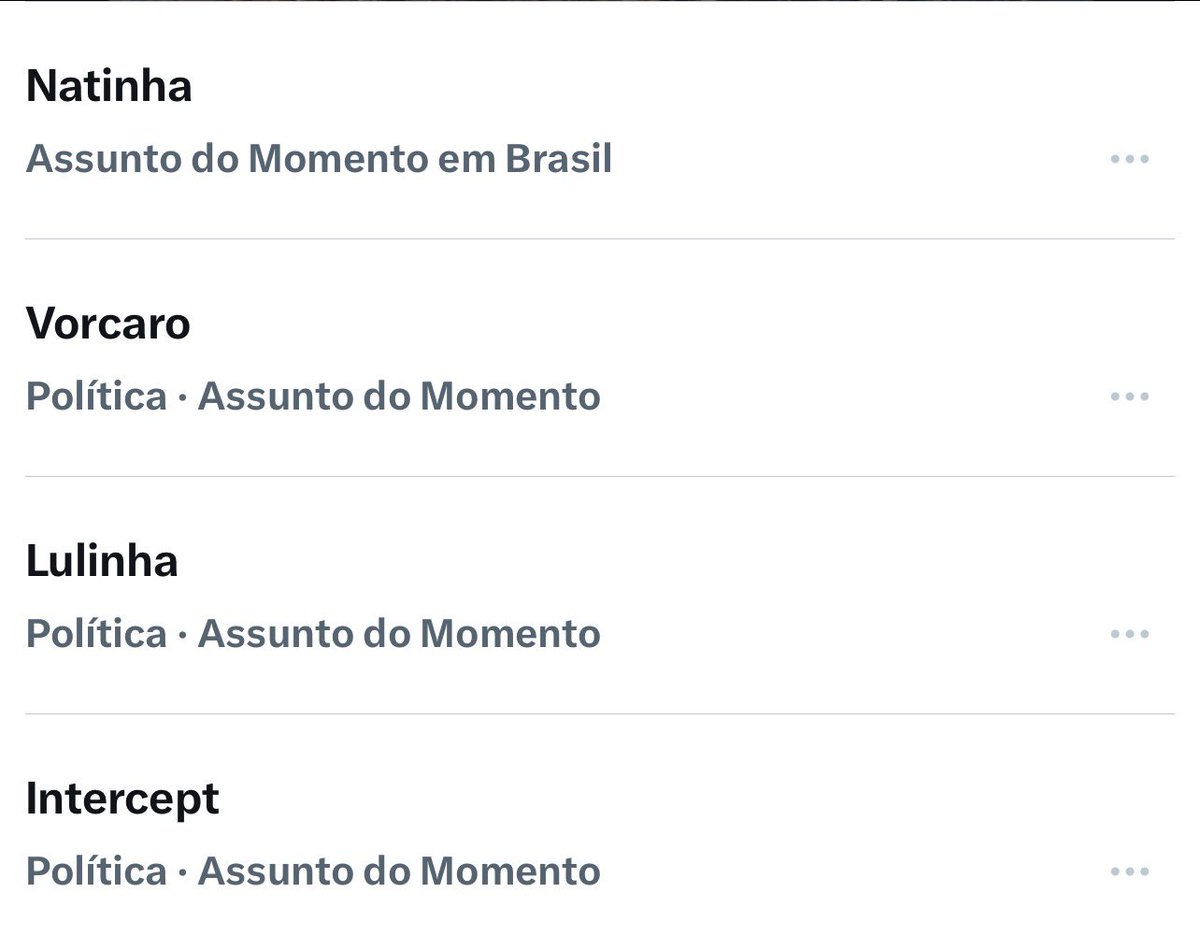 RAINERITA's tweet photo. Os assuntos em alta estão bem interessantes.

Tirando essa tal de Natinha, a sequência:
Vorcaro
Lulinha
Intercept

Parece indicar que querem saber mais sobre a relação entre Vorcaro e Lulinha, bem como estão se perguntando a causa do silêncio profundo do The Intercept.
Me incluo! https://t.co/O3g0sMiE4U