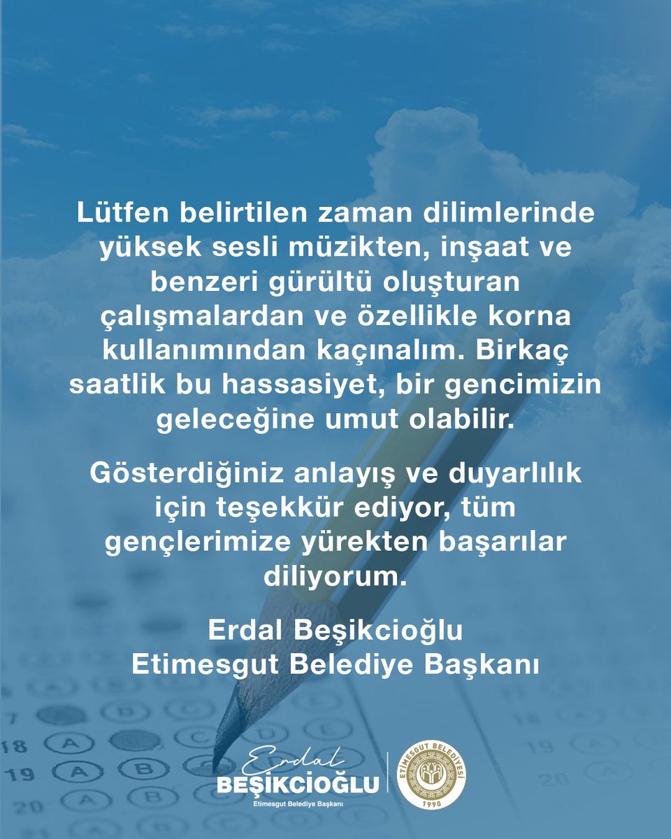 etimesgutbld's tweet photo. Onlara en büyük desteğimiz sessizliğimiz olacak.

Değerli hemşehrilerim,

20 Haziran Cumartesi 10.00-13.00 ve 21 Haziran Pazar 10.00-17.45 saatleri arasında YKS (Yükseköğretim Kurumları Sınavı) gerçekleştirilecektir. İlçemizin her köşesinde gençlerimiz, aylarca emek verdikleri hayallerine ulaşmak için sınavda olacaklar.

Lütfen belirtilen zaman dilimlerinde yüksek sesli müzikten, inşaat ve benzeri gürültü oluşturan çalışmalardan ve özellikle korna kullanımından kaçınalım. Birkaç saatlik bu hassasiyet, bir gencimizin geleceğine umut olabilir.

Gösterdiğiniz anlayış ve duyarlılık için teşekkür ediyor, tüm gençlerimize yürekten başarılar diliyorum.