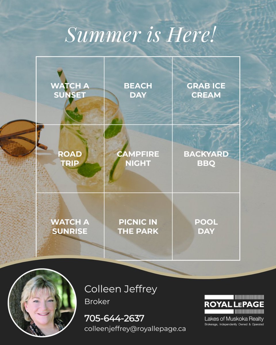 ColleenJeffrey's tweet photo. ☀️ Summer is here! ☀️
Longer days, warmer nights, and a fresh excuse to slow down and enjoy the little things are officially back. 🌴✨
Check off some seasonal moments and see how many you can complete before fall rolls in.
#newhome #muskokarealestate #Icanhelp https://t.co/sh4kd0SC0g