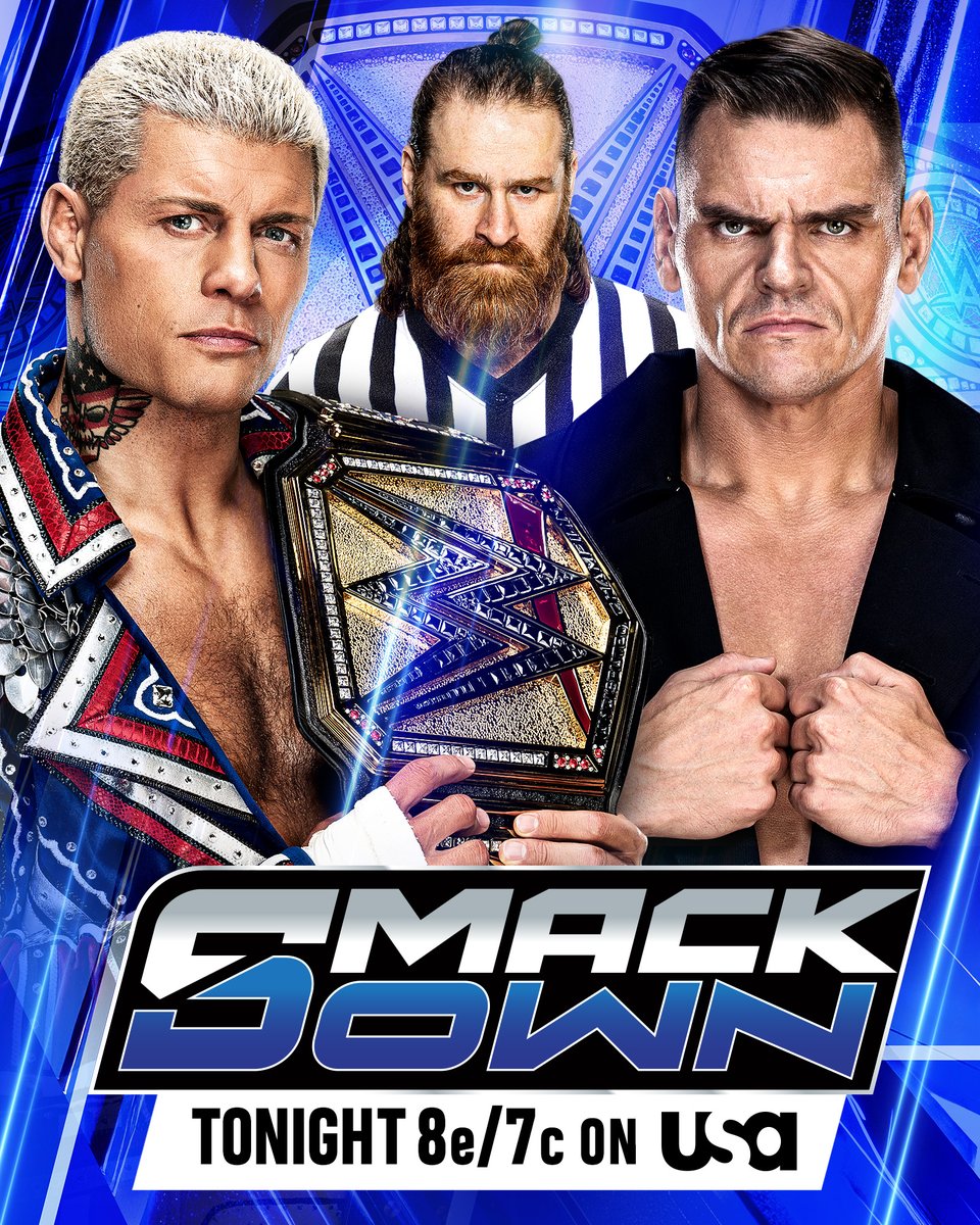 WWE's tweet photo. .@CodyRhodes battles @Gunther_AUT in an Undisputed WWE Title Match with Special Guest Referee @SamiZayn TONIGHT on #SmackDown!

📍: Kansas City, MO
🎟️: https://t.co/xOf1s87SlN
📺: 8 ET/7 CT on @USANetwork https://t.co/eKZ6VSLxLn