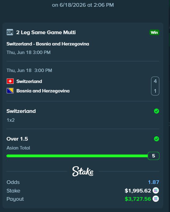 deshawn's tweet photo. Well, what can I say another World Cup day down with a lot of profit ✅

Join the telegram https://t.co/KHAeih8Zdy

Switzerland Vs Bosnia
Switzerland ML + O1.5 Goals
Stake: $2,000
Payout: $3,750

&

Switzerland Vs Bosnia, Canada vs Qatar
Switzerland ML + Canada ML
Stake: $3,500
Payout: $7,000